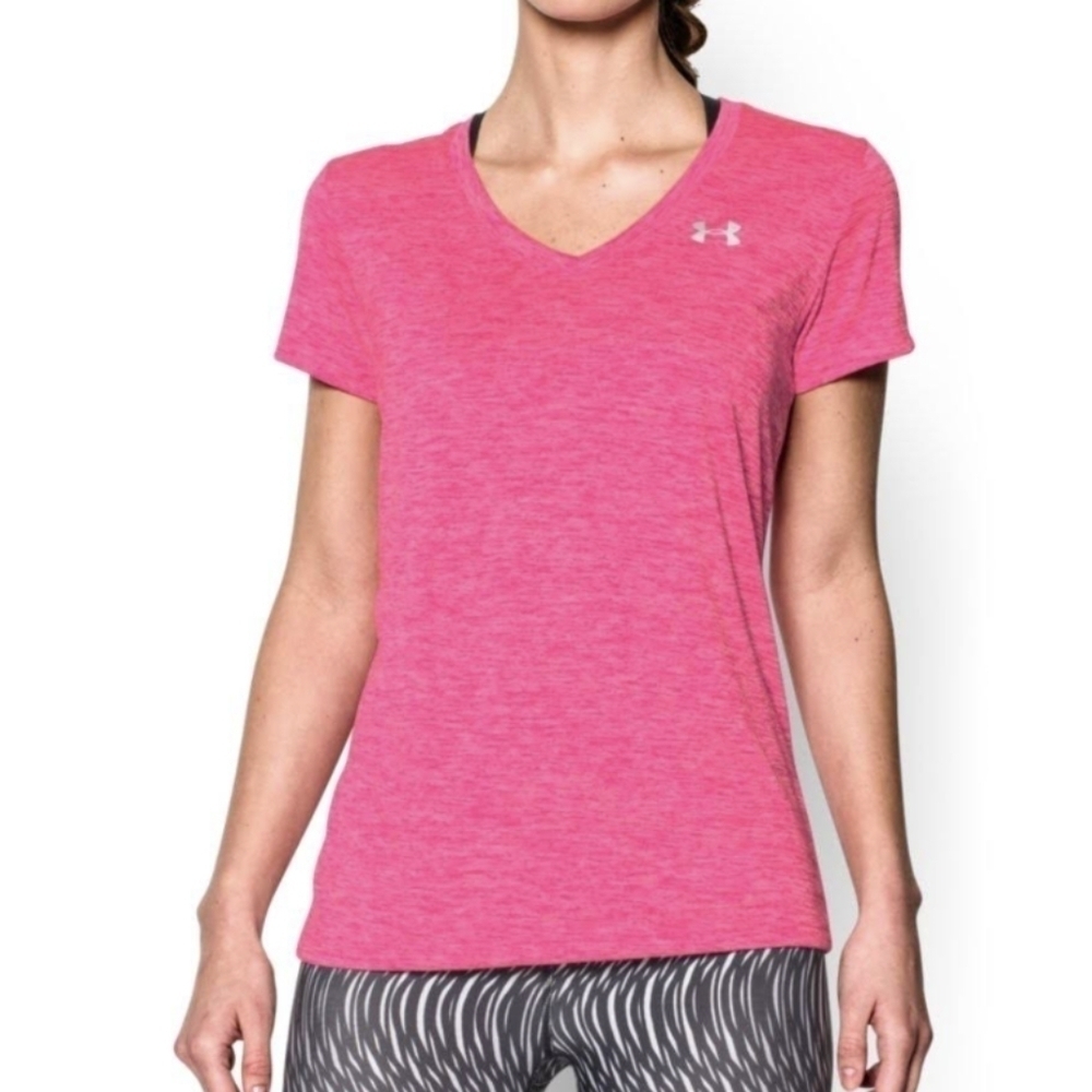 Under Armour heather pink v neck spot tee t-shirt XS c027